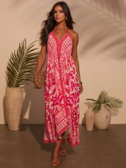 Robe longue bohème à imprimé cachemire pour femme - Robe longue fluide et ample à col halter imprimé ethnique - Idéale pour les vacances d'été tropicales 2026