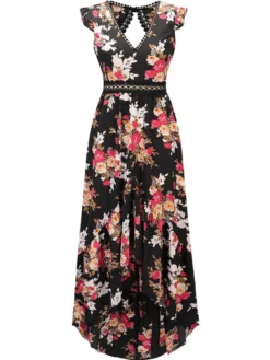 Robe longue bohème noire à fleurs pour femme - Ourlet asymétrique dos nu taille en crochet - Tenues d'été pour un rendez-vous galant 2026