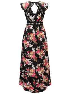 Robe longue bohème noire à fleurs pour femme - Ourlet asymétrique dos nu taille en crochet - Tenues d'été pour un rendez-vous galant 2026