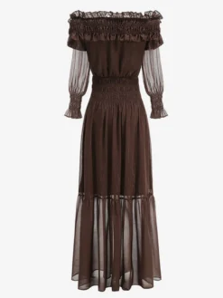 Robe longue bohème à épaules dénudées pour femme - Robe longue marron à volants en mousseline de soie taille smockée et manches longues étagées - Idéale pour une soirée romantique à la plage (2026)