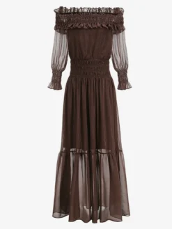 Robe longue bohème à épaules dénudées pour femme - Robe longue marron à volants en mousseline de soie taille smockée et manches longues étagées - Idéale pour une soirée romantique à la plage (2026)