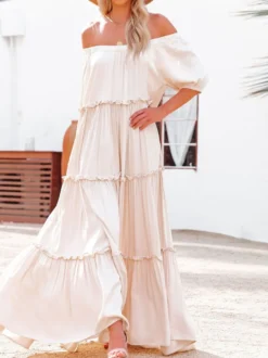 Robe longue bohème à épaules dénudées et volants pour femme - Robe longue fluide crème à manches bouffantes - Collection été 2026