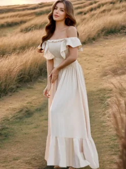 Robe longue bohème à taille smockée pour femme - Robe fluide à volants manches papillon et col carré - Robe d'été pour la plage 2026