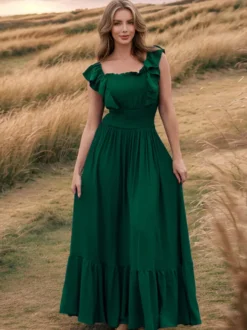 Robe longue bohème à taille smockée pour femme - Robe fluide à volants manches papillon et col carré - Robe d'été pour la plage 2026