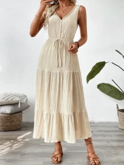 Robe longue bohème à volants pour femme - Couleur abricot texturée col en V sans manches taille nouée coupe trapèze - Collection été 2026