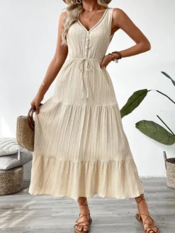Robe longue bohème à volants pour femme - Couleur abricot texturée col en V sans manches taille nouée coupe trapèze - Collection été 2026
