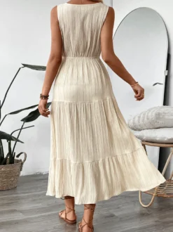 Robe longue bohème à volants pour femme - Couleur abricot texturée col en V sans manches taille nouée coupe trapèze - Collection été 2026