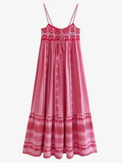 Robe longue à bretelles fines et volants rose à imprimé géométrique pour femme - Style bohème - Collection été 2026