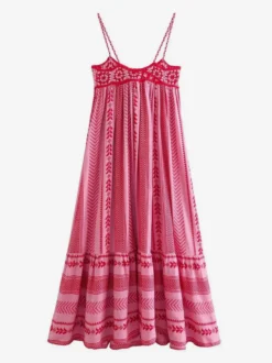 Robe longue à bretelles fines et volants rose à imprimé géométrique pour femme - Style bohème - Collection été 2026
