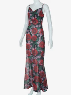 Robe longue à bretelles spaghetti imprimée de roses rouges pour femme style romantique