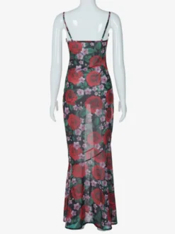 Robe longue à bretelles spaghetti imprimée de roses rouges pour femme style romantique