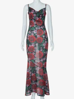 Robe longue à bretelles spaghetti imprimée de roses rouges pour femme style romantique