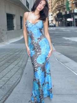 Robe longue bustier imprimée léopard bleu pour femme style urbain audacieux