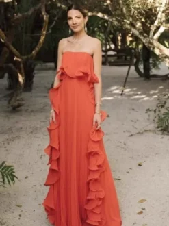 Robe longue bustier plissée pour femme - Robe longue fluide à volants sur le côté - Idéale pour un mariage d'été à la plage (collection 2026)