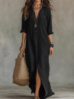 Robe longue chemise en lin pour femme manches retroussées demi-boutonnage sur le devant ourlet fendu style décontracté idéale pour la plage.