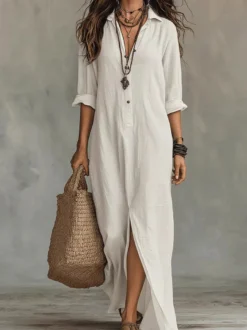 Robe longue chemise en lin pour femme manches retroussées demi-boutonnage sur le devant ourlet fendu style décontracté idéale pour la plage.