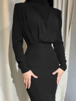 Robe longue à col montant pour femme - Robe fendue au dos et manches longues - Soirée de printemps 2026