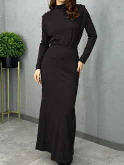 Robe longue à col montant pour femme - Robe fendue au dos et manches longues - Soirée de printemps 2026