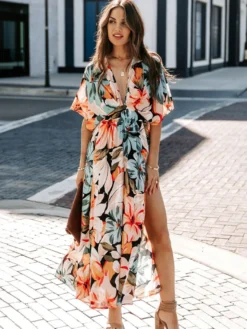 Robe longue à col V profond et imprimé floral tropical pour femme - Robe bohème fendue à imprimés multiples - Vacances d'été à la plage 2026