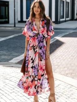 Robe longue à col V profond et imprimé floral tropical pour femme - Robe bohème fendue à imprimés multiples - Vacances d'été à la plage 2026