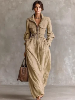 Robe longue Daily Dresses pour femme marron café en polyester manches longues col en V taille haute