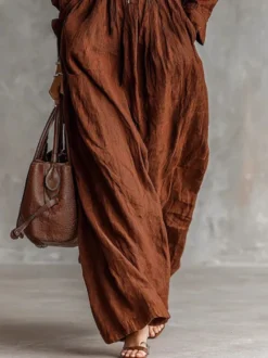 Robe longue Daily Dresses pour femme marron café en polyester manches longues col en V taille haute