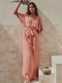 Robe longue à décolleté plongeant pour femme - Robe kimono bohème à manches courtes ceinture et fente latérale - Idéale pour les vacances d'été à la plage 2026