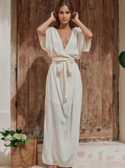 Robe longue à décolleté plongeant pour femme - Robe kimono bohème à manches courtes ceinture et fente latérale - Idéale pour les vacances d'été à la plage 2026