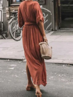 Robe longue à décolleté plongeant pour femme - Robe kimono bohème à manches courtes ceinture et fente latérale - Idéale pour les vacances d'été à la plage 2026