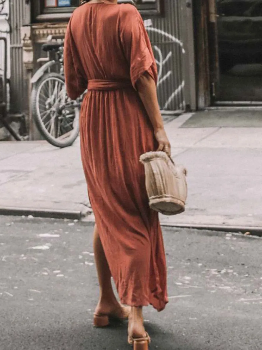 Robe longue à décolleté plongeant pour femme - Robe kimono bohème à manches courtes ceinture et fente latérale - Idéale pour les vacances d'été à la plage 2026