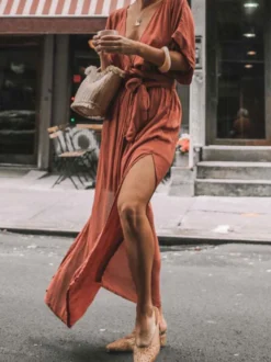 Robe longue à décolleté plongeant pour femme - Robe kimono bohème à manches courtes ceinture et fente latérale - Idéale pour les vacances d'été à la plage 2026
