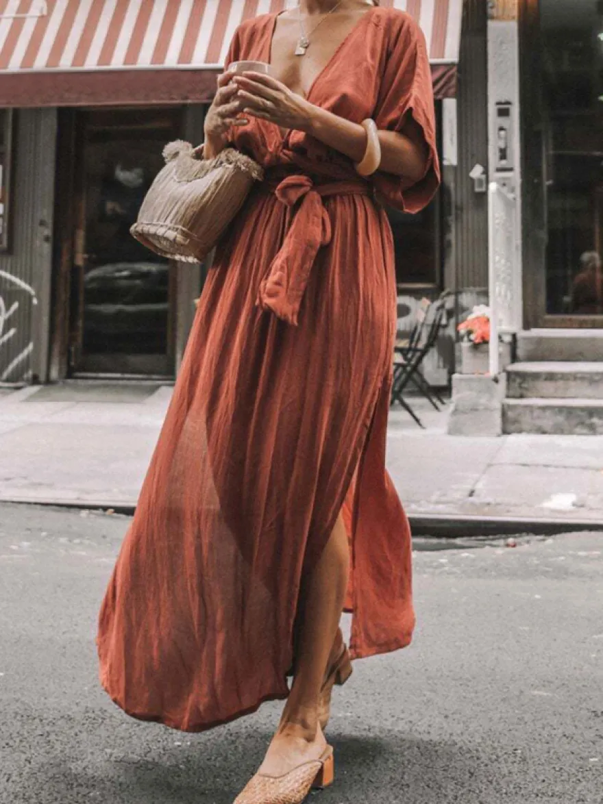 Robe longue à décolleté plongeant pour femme - Robe kimono bohème à manches courtes ceinture et fente latérale - Idéale pour les vacances d'été à la plage 2026