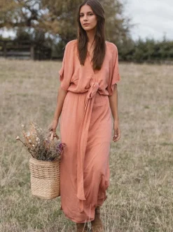 Robe longue à décolleté plongeant pour femme - Robe kimono bohème à manches courtes ceinture et fente latérale - Idéale pour les vacances d'été à la plage 2026