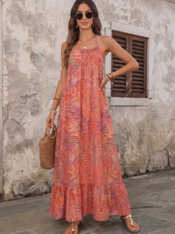 Robe longue de vacances bohème orange à imprimé tropical col halter robe de plage