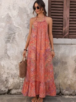 Robe longue de vacances bohème orange à imprimé tropical col halter robe de plage