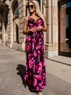Robe longue de vacances maxi à col V sans manches imprimée style bohème