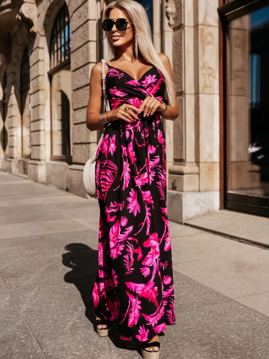 Robe longue de vacances maxi à col V sans manches imprimée style bohème