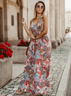 Robe longue de vacances maxi à col V sans manches imprimée style bohème