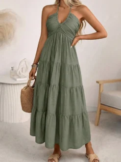 Robe longue de vacances vert tendre à lacets sans manches dos nu et col en V