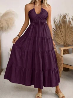 Robe longue de vacances vert tendre à lacets sans manches dos nu et col en V