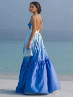 Robe longue dégradée à bretelles pour femme - Robe d'été bohème bleue à décolleté en V et découpes latérales - Idéale pour les vacances d'été à la plage 2026