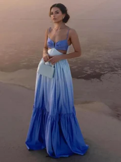 Robe longue dégradée à bretelles pour femme - Robe d'été bohème bleue à décolleté en V et découpes latérales - Idéale pour les vacances d'été à la plage 2026