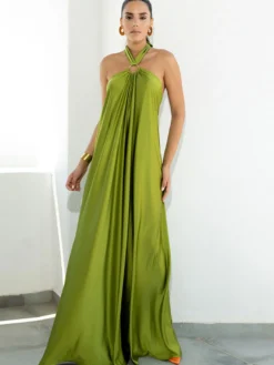 Robe longue dos nu à bretelles pour femme - Robe fluide minimaliste en satin - Idéale pour les vacances d'été et les fêtes sur la plage 2026