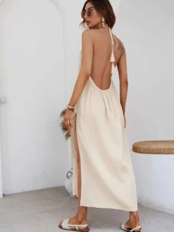 Robe longue dos nu à bretelles pour femme - Robe d'été bohème abricot en coton fendue sur le côté à franges et coupe ample - Collection été 2026