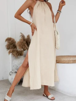Robe longue dos nu à bretelles pour femme - Robe d'été bohème abricot en coton fendue sur le côté à franges et coupe ample - Collection été 2026