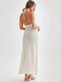 Robe longue dos nu à col halter pour femme - Coupe ajustée fente haute et rosette florale - Idéale pour les vacances d'été à la plage 2026