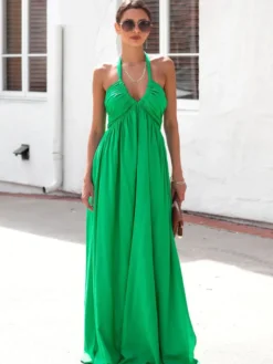 Robe longue dos nu à col halter pour femme - Robe bohème fluide à col V et froncée - Idéale pour les fêtes d'été à la plage 2026