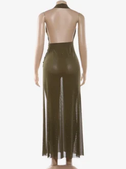 Robe longue dos nu à col V plongeant et décolleté plongeant pour femme - Robe transparente vert olive à paillettes et fente haute - Idéale pour une soirée d'été en boîte de nuit (2026)