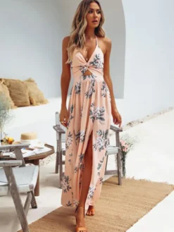 Robe longue dos nu en mousseline à imprimé floral - Robe fendue et découpée - Vacances d'été à la plage 2026