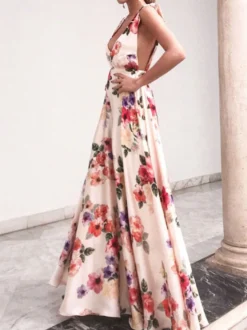 Robe longue dos nu en mousseline à imprimé floral pour femme - Robe bohème crème à épaules dénudées - Coupe trapèze - Idéale pour les invités aux mariages et fêtes d'été à la plage (2026)